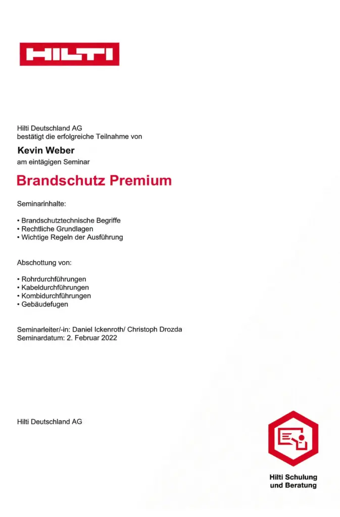 Brandschutz-Zertifikat für Stuckateur und Putzer Kevin Weber