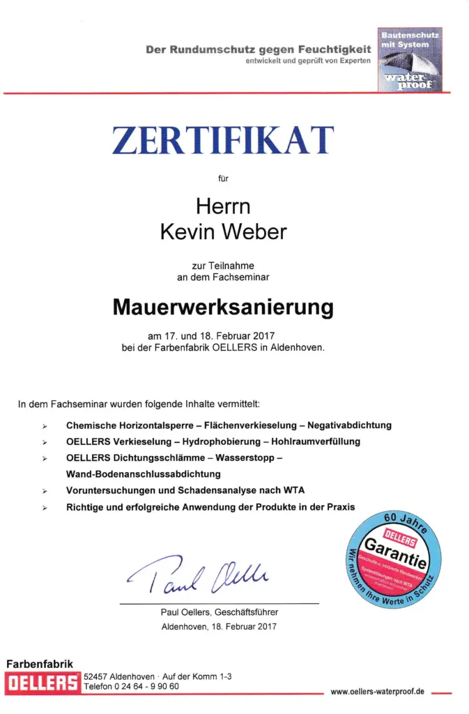 Mauerwerksanierung-Zertifikat für Stuckateur und Putzer Kevin Weber